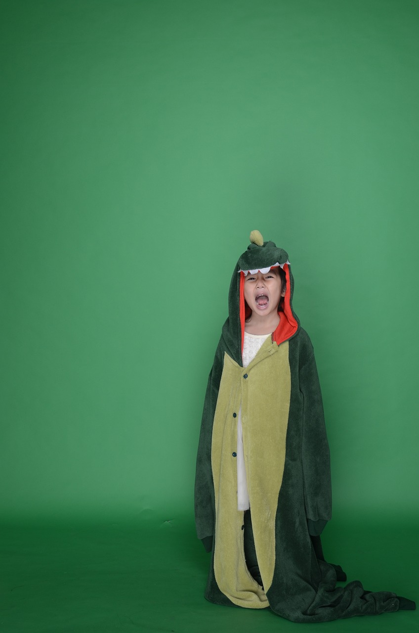 a child dressed up in a penguin costume, a picture, inspired by Abidin Dino, mingei, green screen background, green dragon, screaming and sad, behind the scenes photo