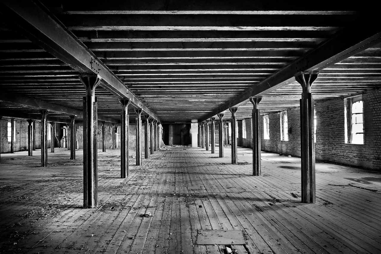 a black and white photo of an empty room, a black and white photo, old lumber mill remains, symmetry!! full shot!!, colonnade, shot on nikon d 3 2 0 0