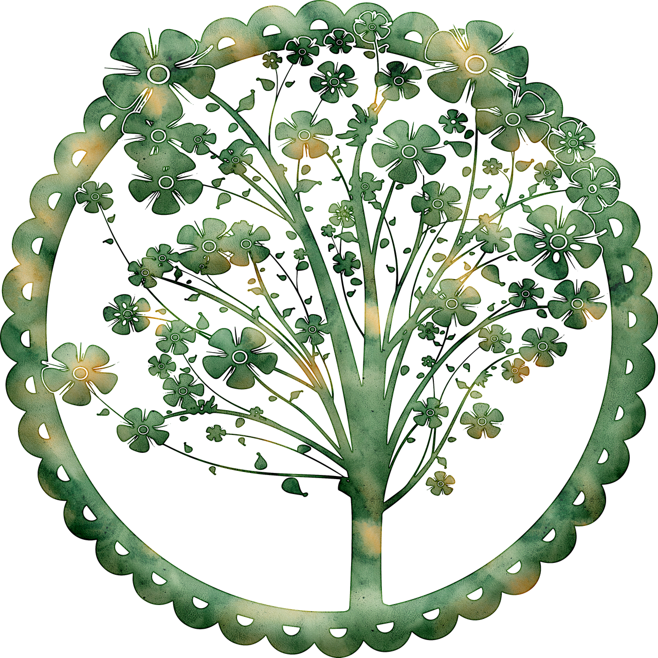 a picture of a tree in the middle of a circle, a digital rendering, inspired by Masamitsu Ōta, flickr, folk art, glowing flowers, scales made of jade, early 2 0 th century, filigree jewellery