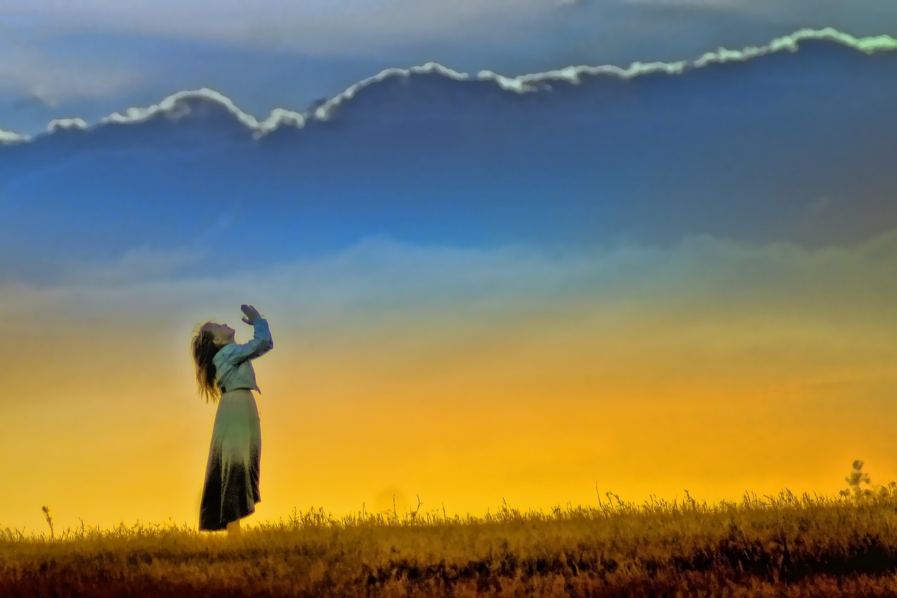 a woman standing on top of a grass covered field, inspired by Tom Chambers, precisionism, blue - yellow sky, waving, enhanced photo, praying