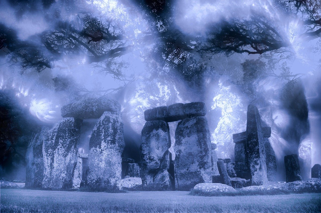 a group of stonehenks that are standing in the grass, a matte painting, inspired by Johfra Bosschart, flickr, digital art, pillars of ice background, infared photography, beautiful ancient trees, open portal to another dimension