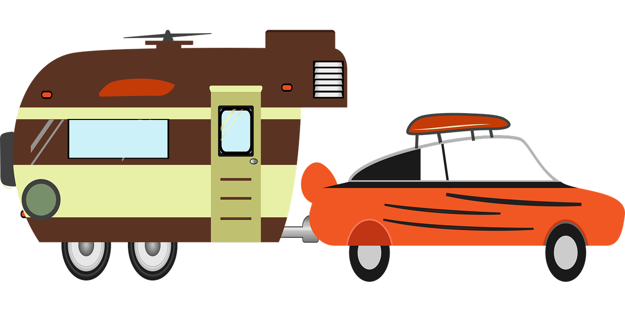 a car towing a trailer with a surfboard on top, a digital rendering, pixabay, minimalism, trailer park, brown, shag, a brightly coloured
