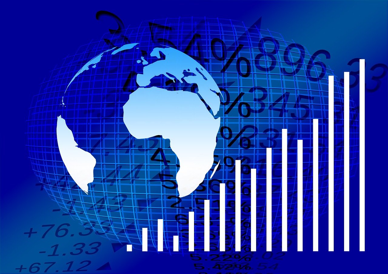 a picture of a globe with numbers on it, by Robert Gavin, trending on pixabay, digital art, waveforms on top of square chart, bar charts, blue, trading stocks