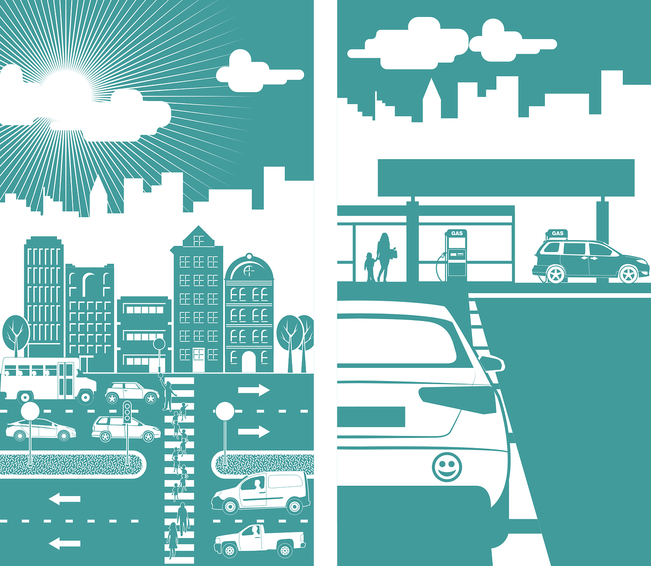 a street filled with lots of traffic next to tall buildings, vector art, inspired by Chris Ware, conceptual art, diptych, cyan atmosphere, portlet photo, vehicle illustration