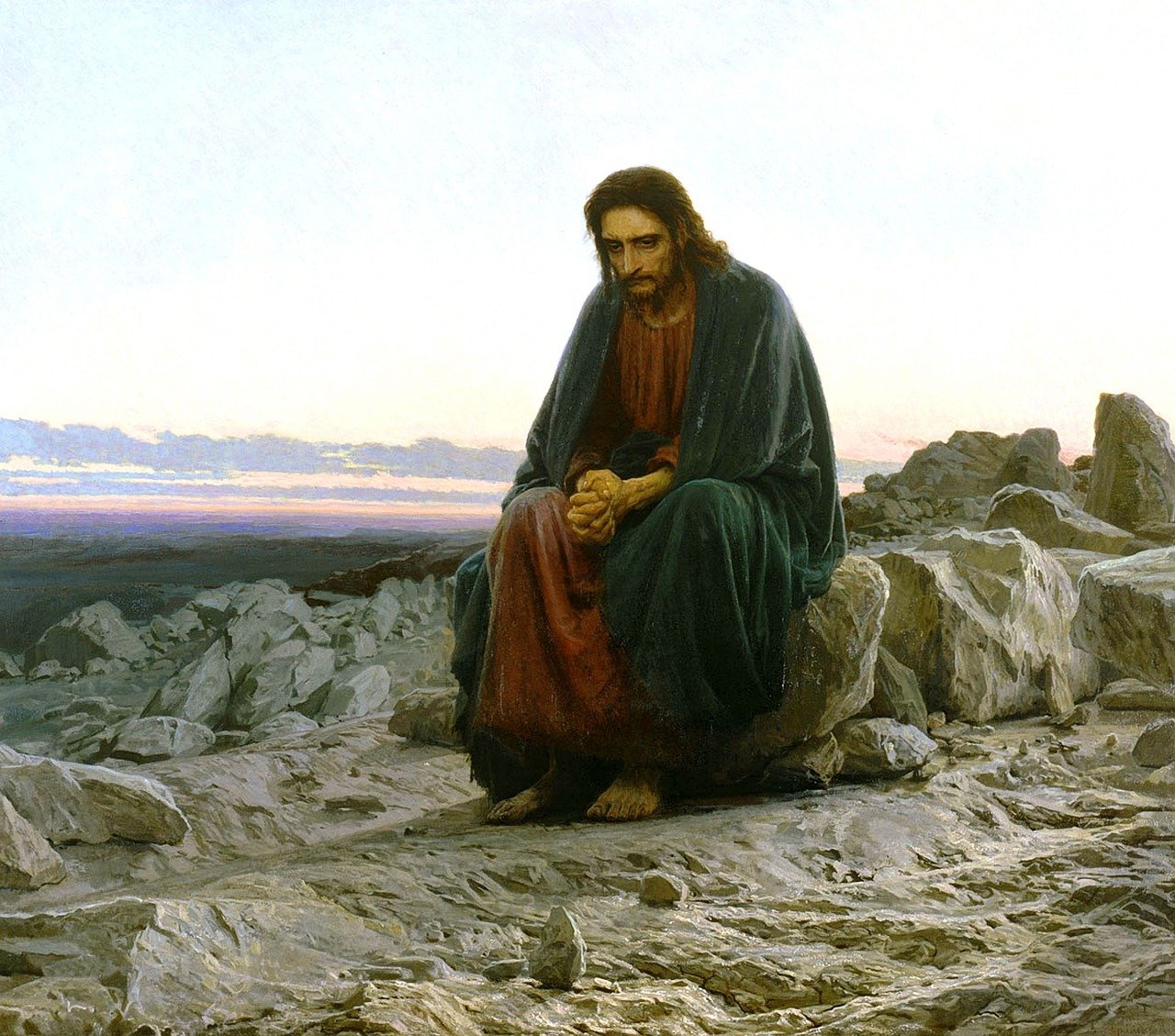 a painting of jesus sitting on a rock, a picture, by Carl Heinrich Bloch, shutterstock, with a sad expression, in the desert, tuomas korpi bouguereau, end of the day