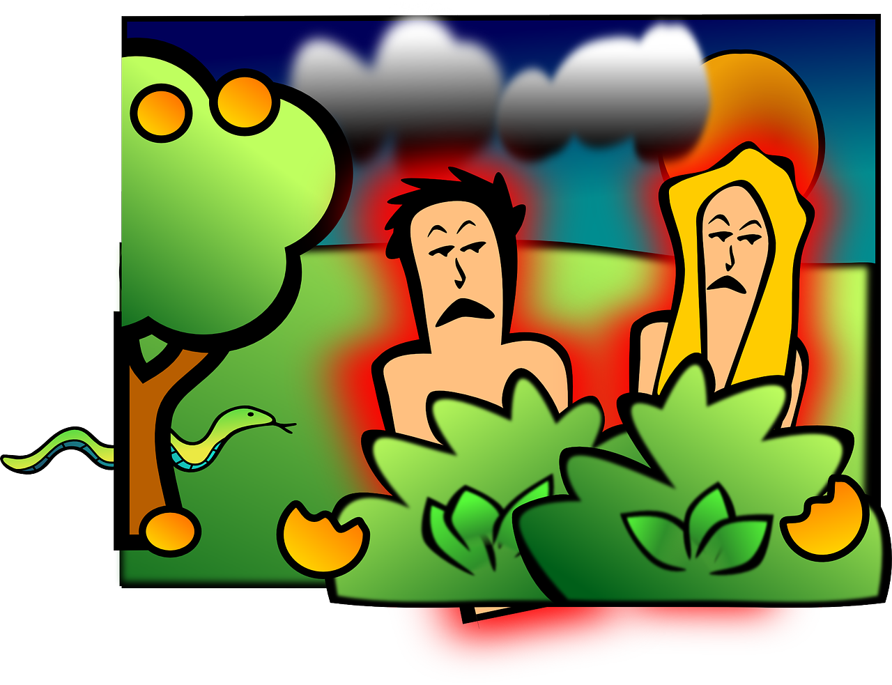 a couple of people that are standing in the grass, figuration libre, adam and eve, rain and thick strands of mucus, clip art, coloured comic