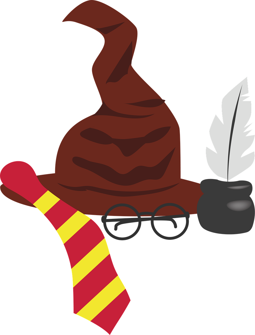 a harry potter hat with glasses and a tie, a cartoon, hurufiyya, background ( dark _ smokiness ), cutout, magical items, from left