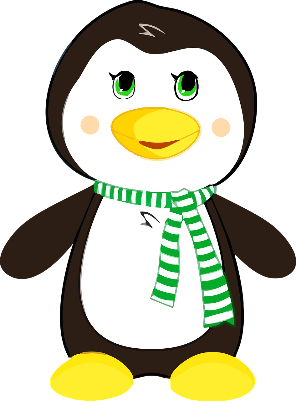 a cartoon penguin wearing a green and white scarf, vector art, inspired by Masamitsu Ōta, pixabay, sōsaku hanga, doll, he is wearing a black, photo photo