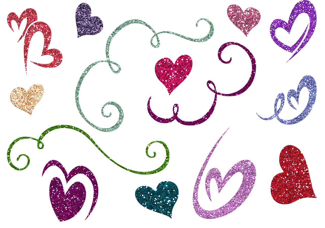 a collection of glitter hearts on a black background, deviantart, graffiti, spirals and swirls, screen cap, cutie mark, background image