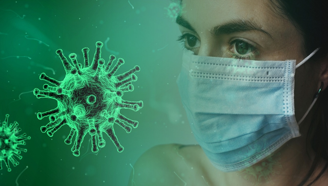 a close up of a person wearing a face mask, a digital rendering, by Adam Marczyński, shutterstock, poster of corona virus, a green, ladies, from the side