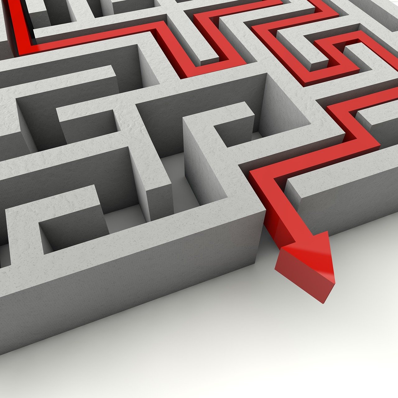 a maze with a red arrow going through it, shutterstock, solidworks, unbiased render, case, loss of control