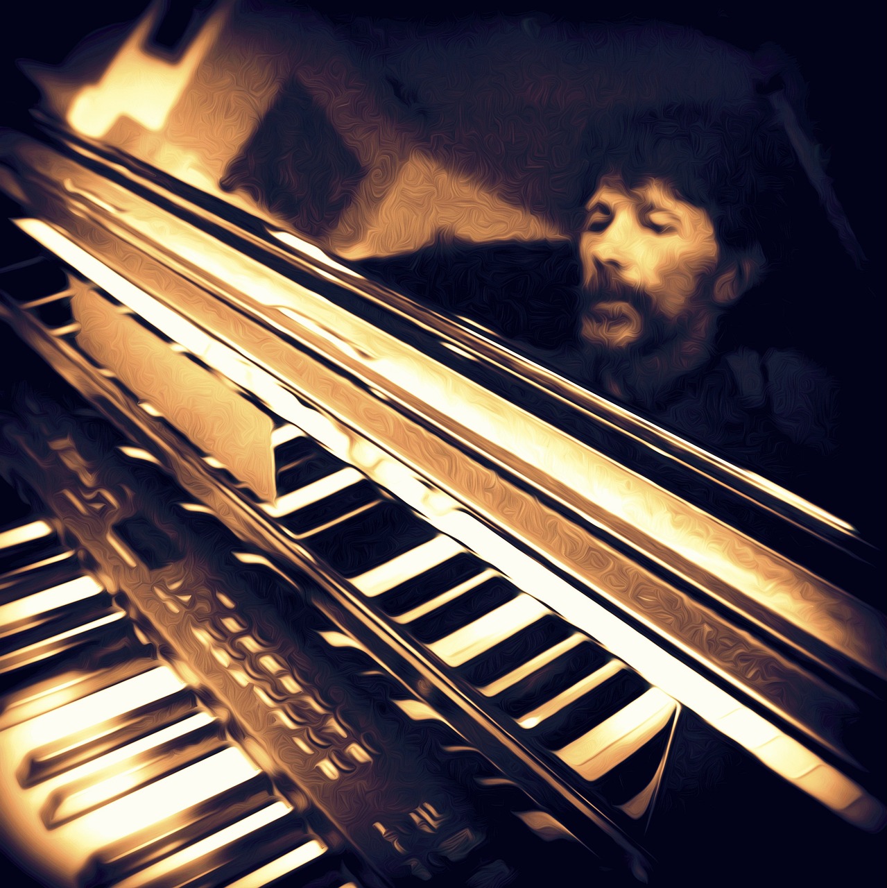 a man that is sitting in front of a piano, inspired by Pál Böhm, flickr, vintage saturation, accurate portrait of a bob dylan, jesus alonso iglesias, up close shot shinji aramaki