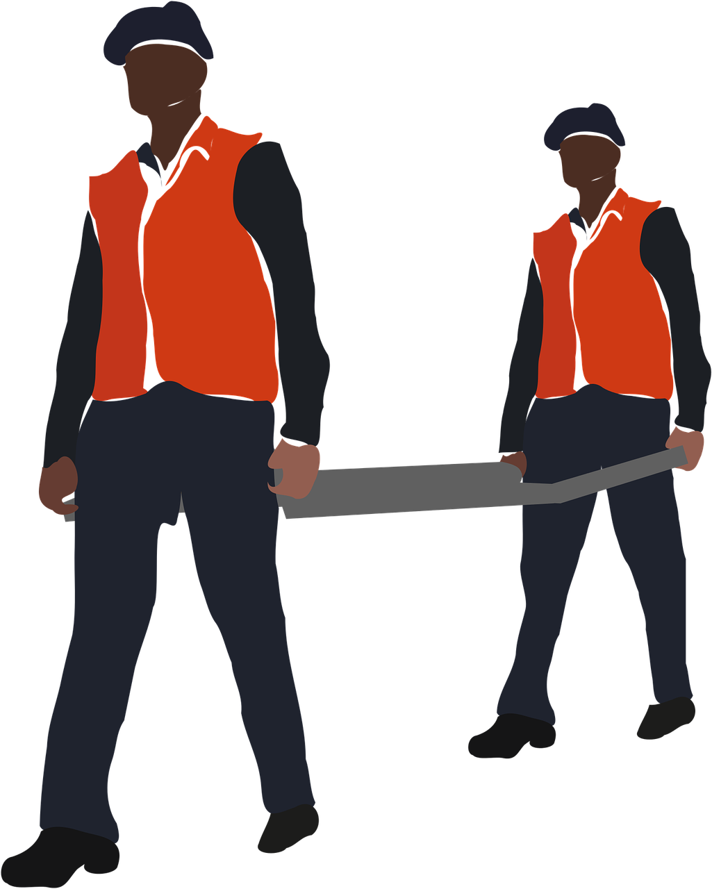 a couple of men standing next to each other, a digital rendering, by Odhise Paskali, pixabay, wielding a crowbar, reflective vest, dark blue + dark orange, plows