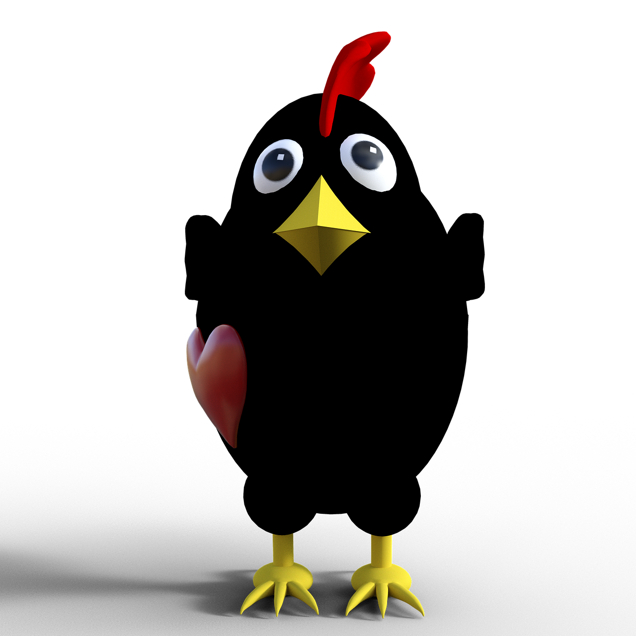 a close up of a bird on a black background, a raytraced image, inspired by Sugimura Jihei, flickr, banjo kazooie, anthropomorphized chicken, full body close-up shot, heart