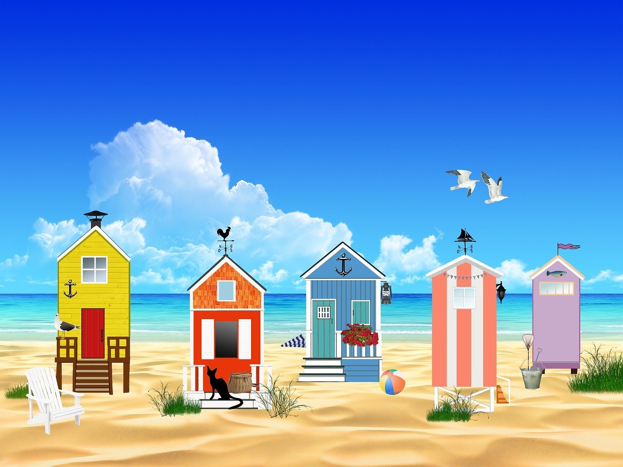 a group of beach huts sitting on top of a sandy beach, a digital rendering, trending on pixabay, naive art, sunny day background, 4 k hd wallpaper illustration, mediterranean fisher village, very beautiful photo