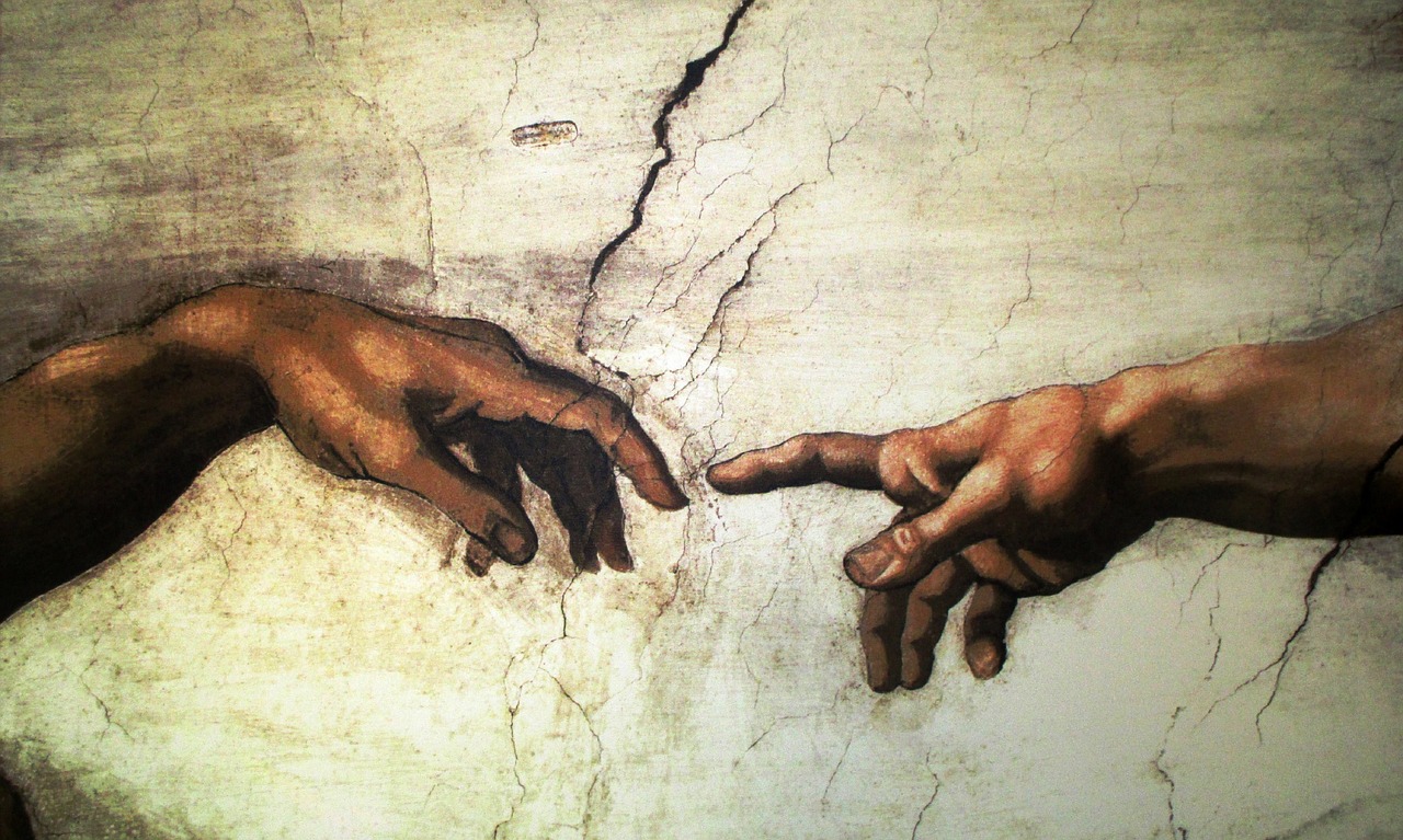 a painting of two hands touching each other, by Michaelangelo, rock art drawings, iphone, god\'s creation, painting of