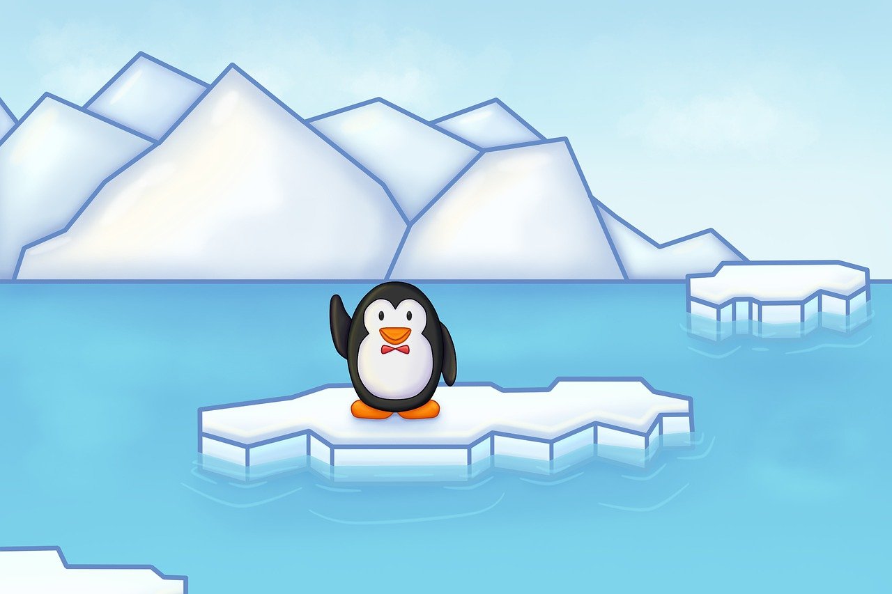 a penguin sitting on top of an ice floer, an illustration of, inspired by Matteo Pérez, shutterstock contest winner, happening, mobile game background, a beautiful artwork illustration, global warming, clean cel shaded vector art