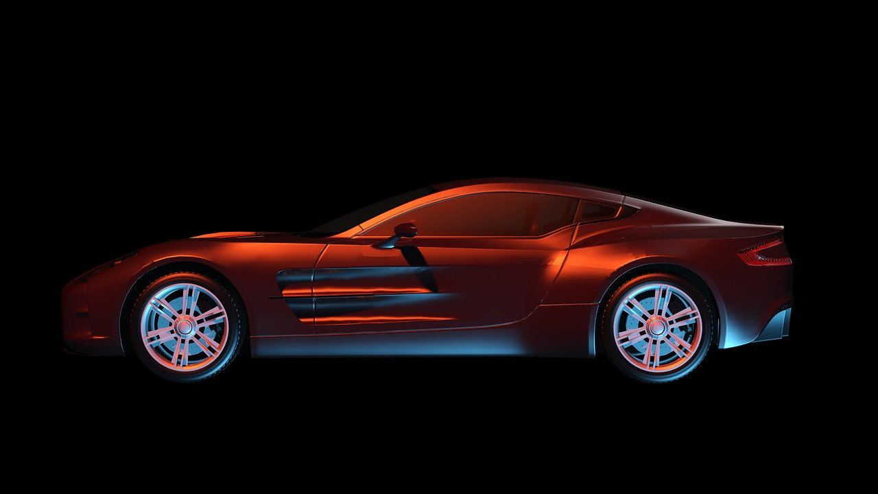a red sports car on a black background, a 3D render, inspired by Harry Haenigsen, zbrush central contest winner, orange and cyan lighting, view from the side”, aston martin, high res eautiful lighting