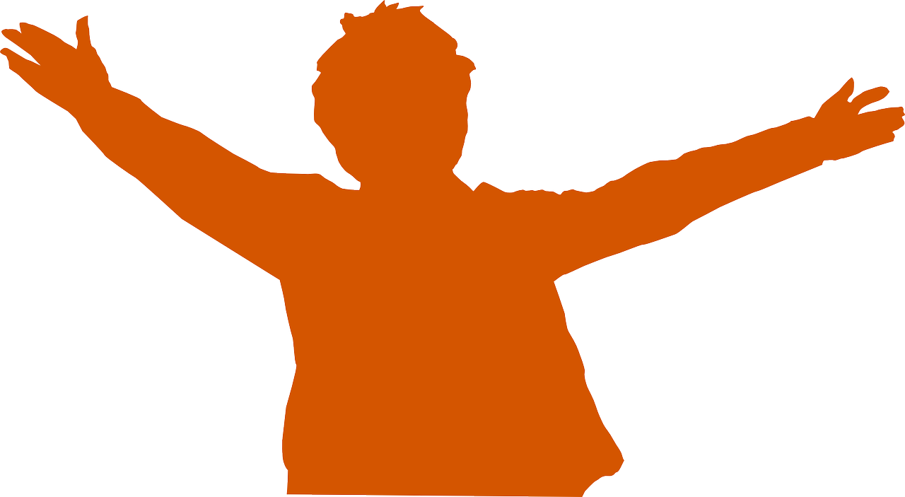 an orange silhouette of a person raising their hands, a picture, figuration libre, young child, wikimedia, shoulder, detailed picture
