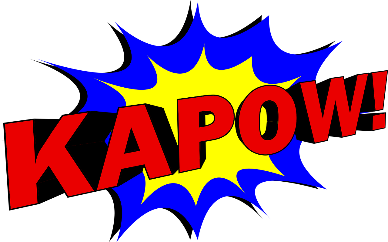 the word kapow on a black background, inspired by Edmond Xavier Kapp, pixabay, pop art, kewpie, heroic!!!, logo without text, apollo