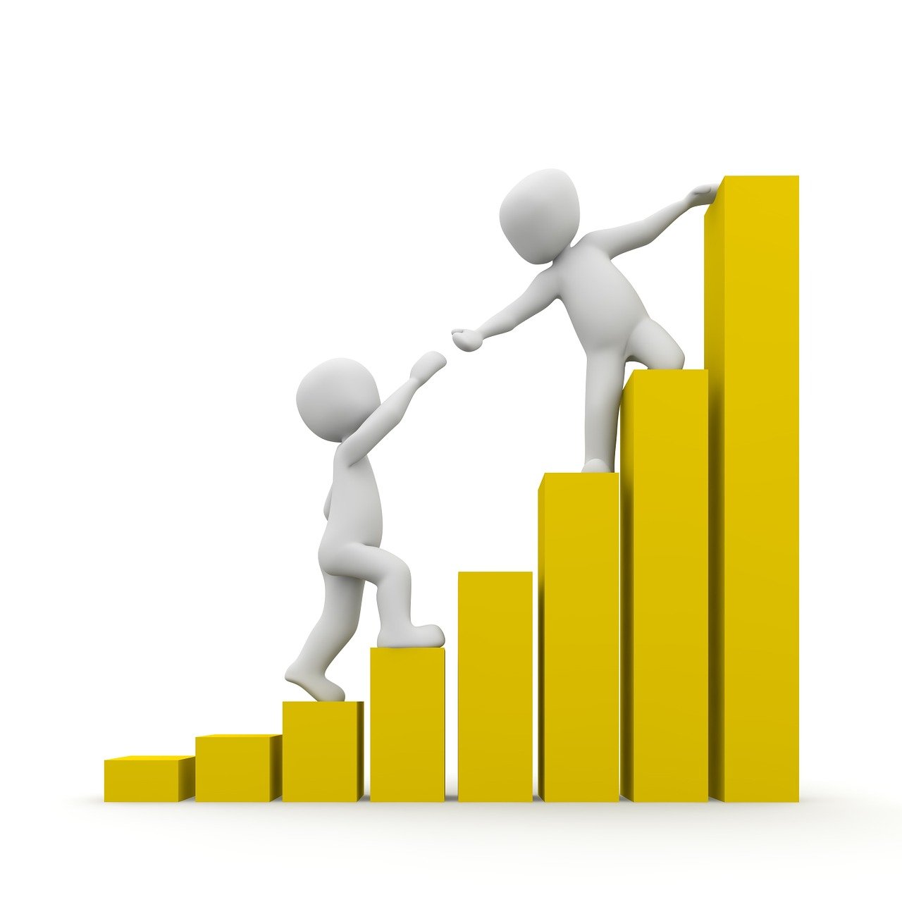 a couple of people standing on top of a yellow bar chart, happening, shaking hands, small steps leading down, climber, no background