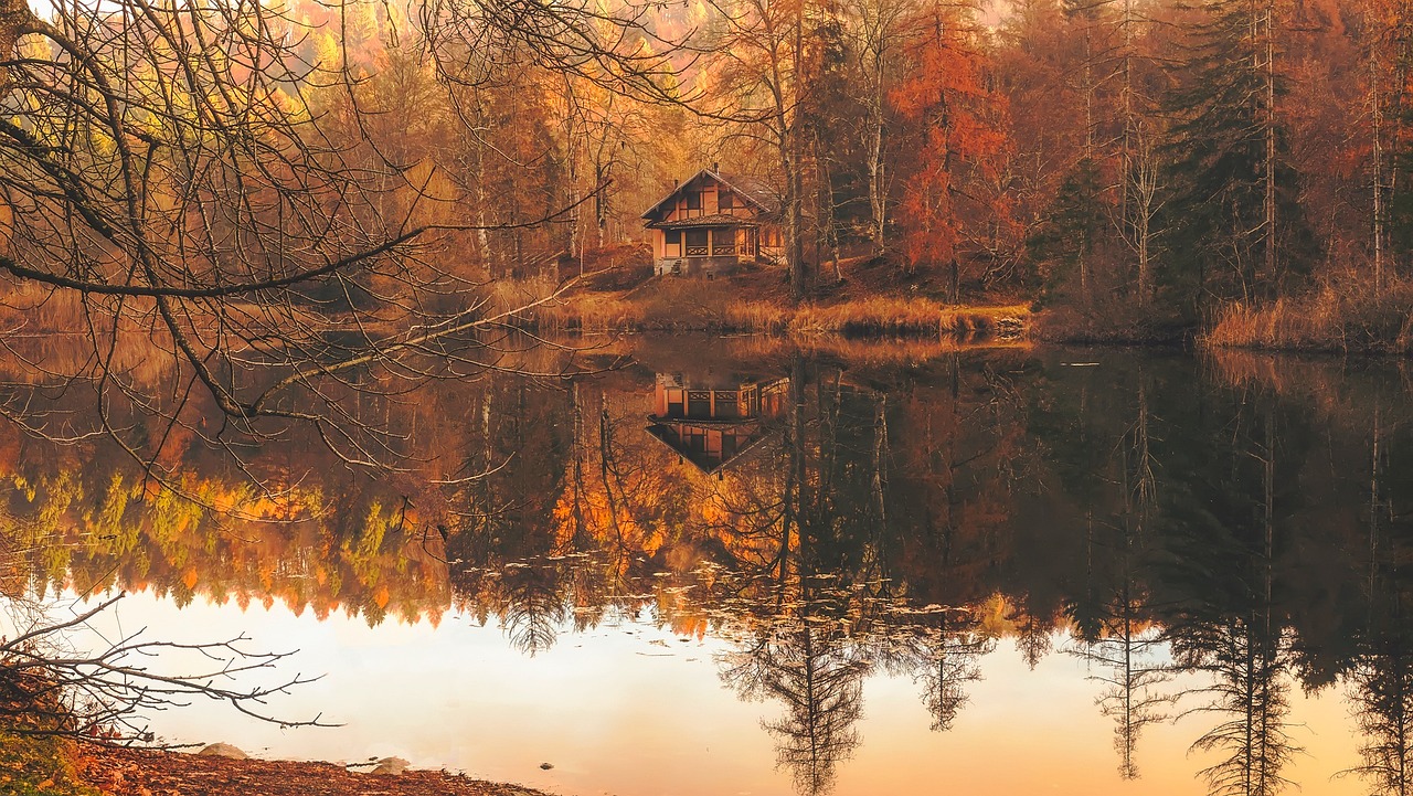 a cabin sitting on top of a lake surrounded by trees, a picture, by Gabor Szikszai, pexels, romanticism, warm cosy colors, reflections in copper, konica minolta, cottagecore!!
