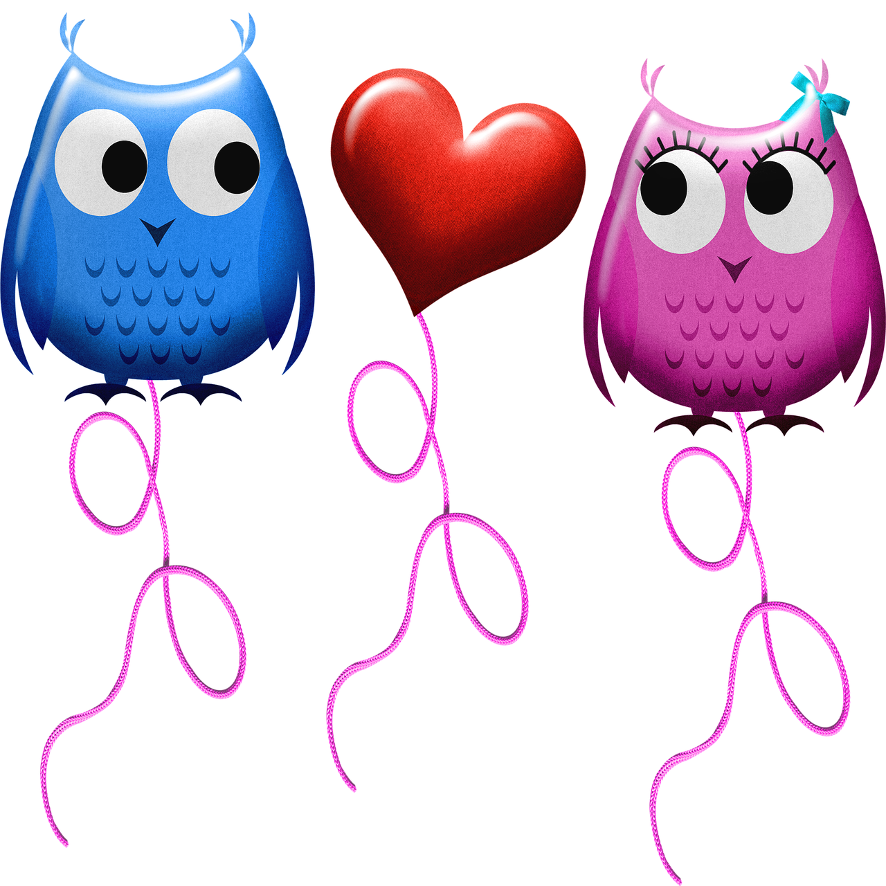 a couple of owls sitting next to each other, a digital rendering, inspired by Alison Kinnaird, deviantart, dada, party balloons, floggers, (heart), closeup!!!!!!