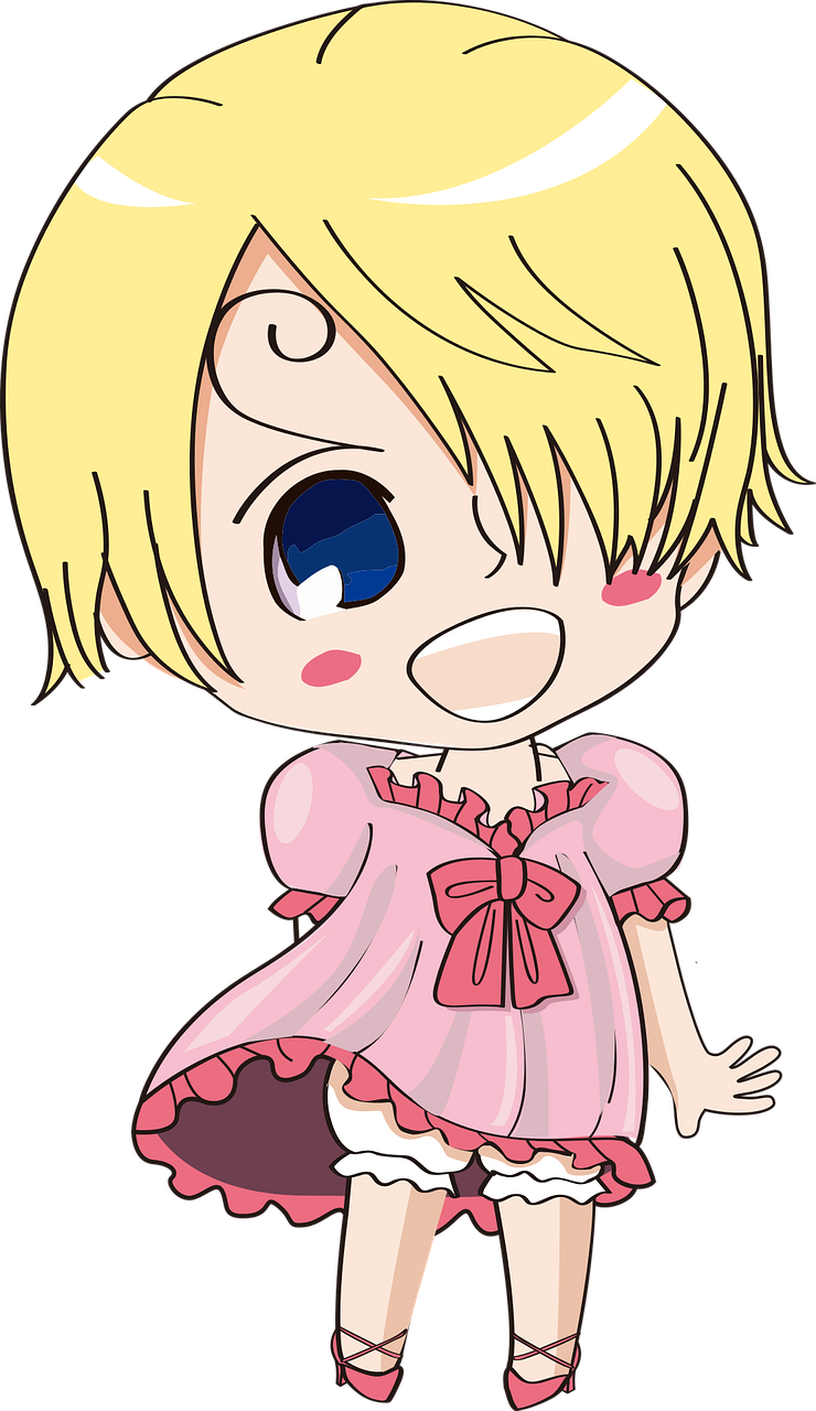 a cartoon girl with blonde hair and blue eyes, a pastel, mingei, ¯_(ツ)_/¯, sanji, wearing a nightgown, chibi style