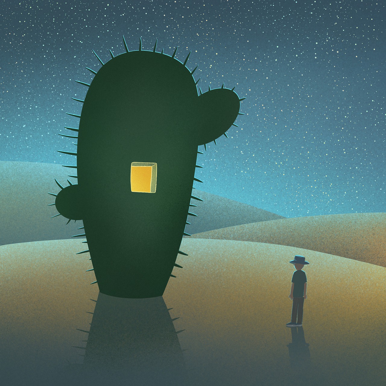 a person standing in front of a cactus plant, concept art, inspired by Quint Buchholz, pop surrealism, calm night. digital illustration, one - eyed monster, anthropomorphic silhouette, cel illustration