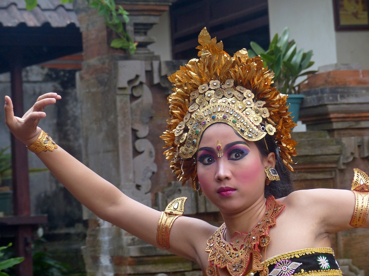 a close up of a person wearing a costume, flickr, sumatraism, classic dancer striking a pose, outside, goddess of travel, square