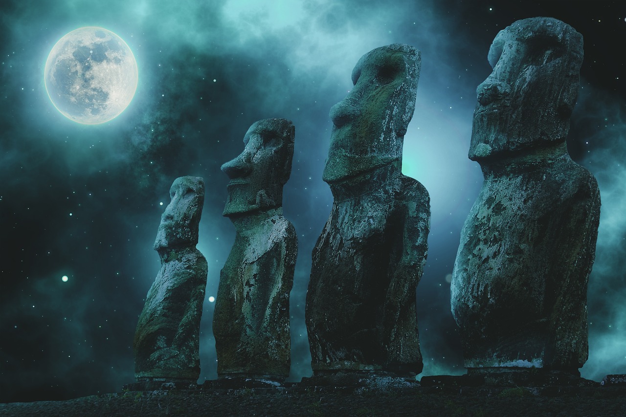 a group of statues with a full moon in the background, shutterstock, digital art, moai, uncanny and scary atmosphere, 4k detail, in a row
