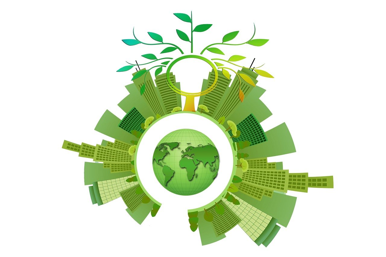 a green globe with a plant growing out of it, a picture, skyscrapers with greenery, turbines, created in adobe illustrator, sustainable materials