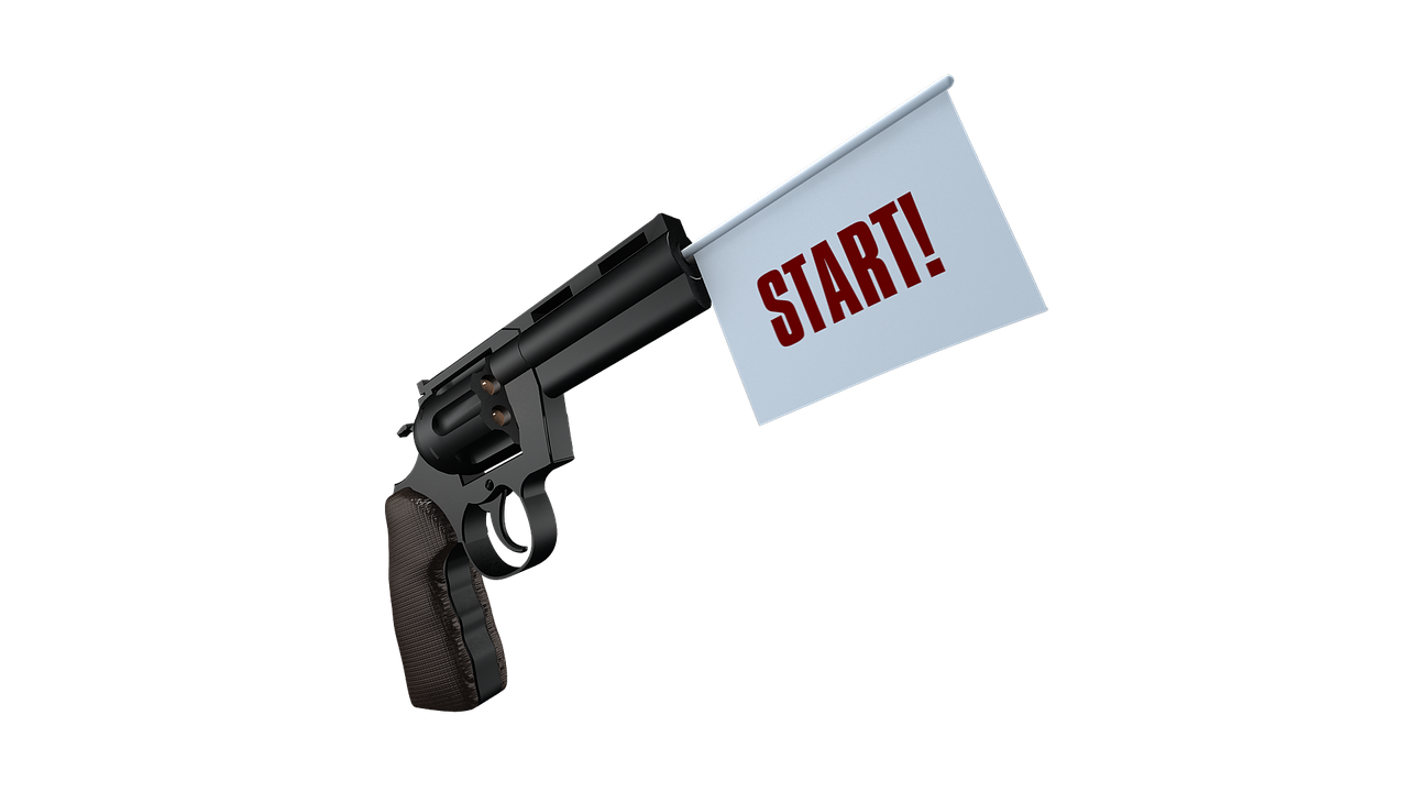 a gun holding a sign that says start, a screenshot, inspired by Walther Jervolino, conceptual art, realistic!!!, very accurate photo, (((lumnious))), the beginning of the end