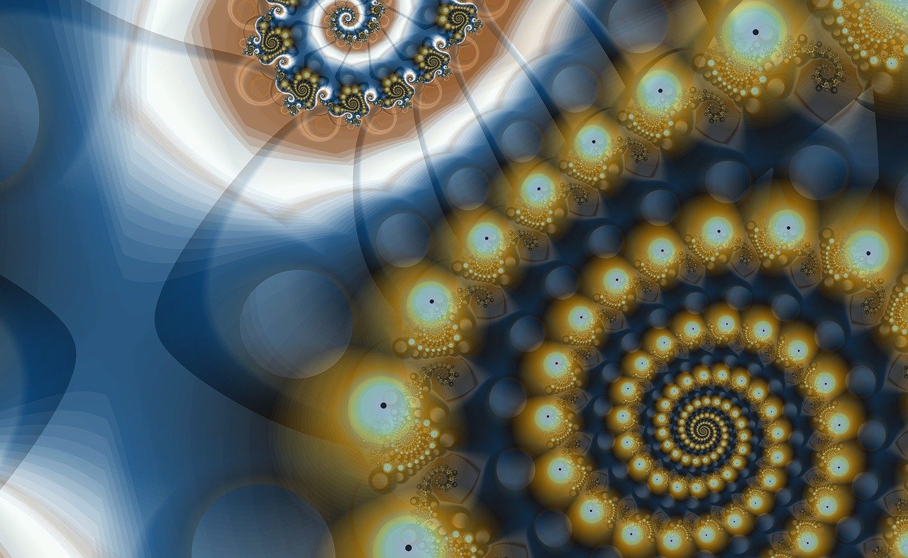 a computer generated image of a spiral design, inspired by Benoit B. Mandelbrot, generative art, blue and gold palette, shells, with fractal sunlight, circles