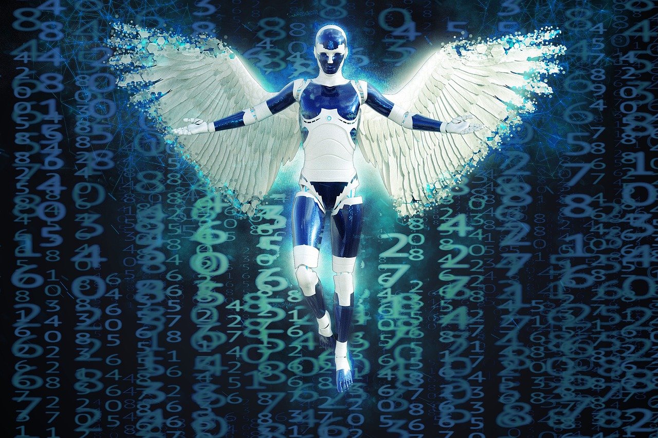 an image of an angel with numbers in the background, digital art, digital art, futuristic robot body, supercomputer, blue cyborg, transhumanist evolution