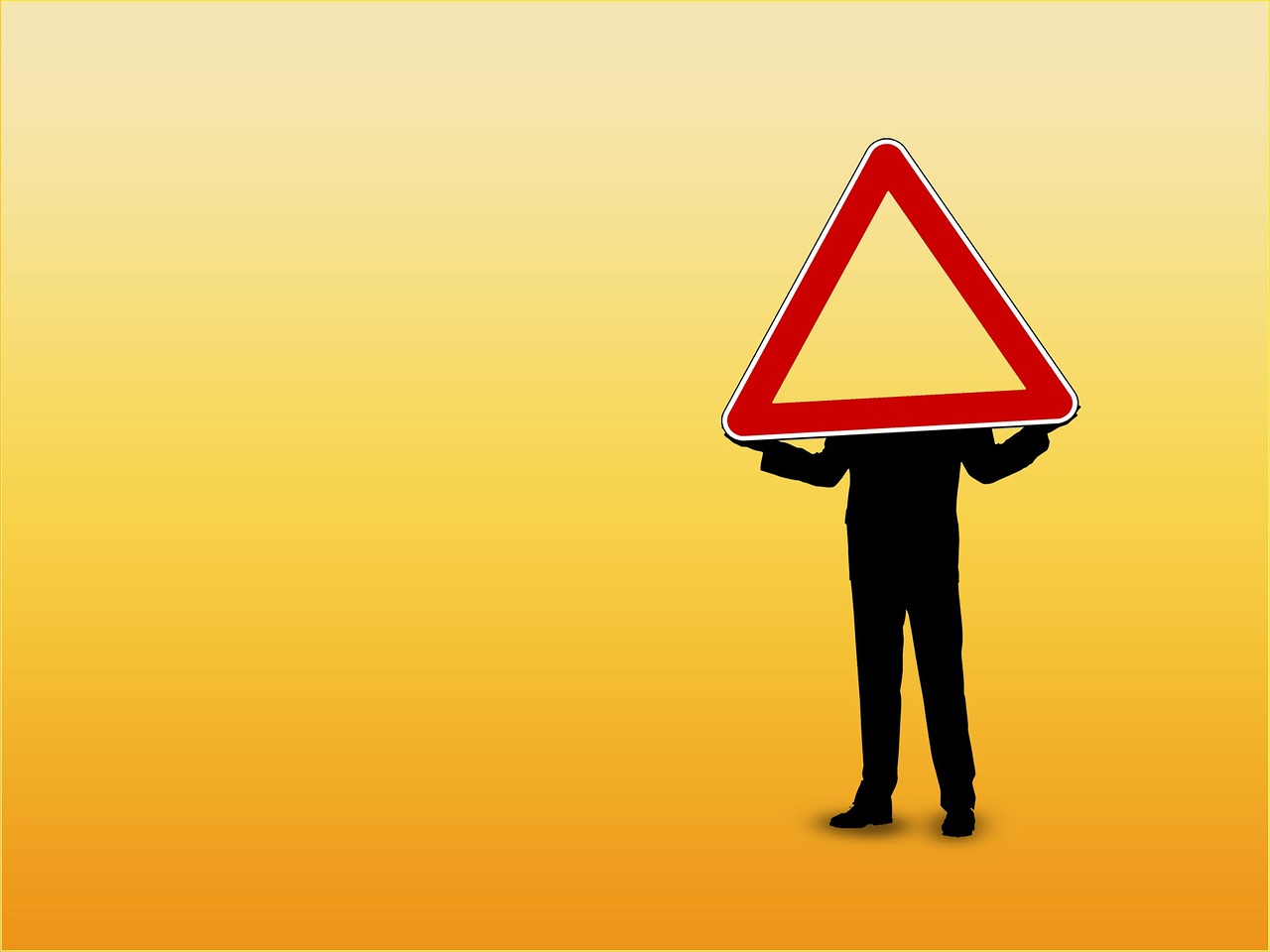 a man holding a red and white triangular sign, a picture, precisionism, vector background, yellow background, danger, traffic signs