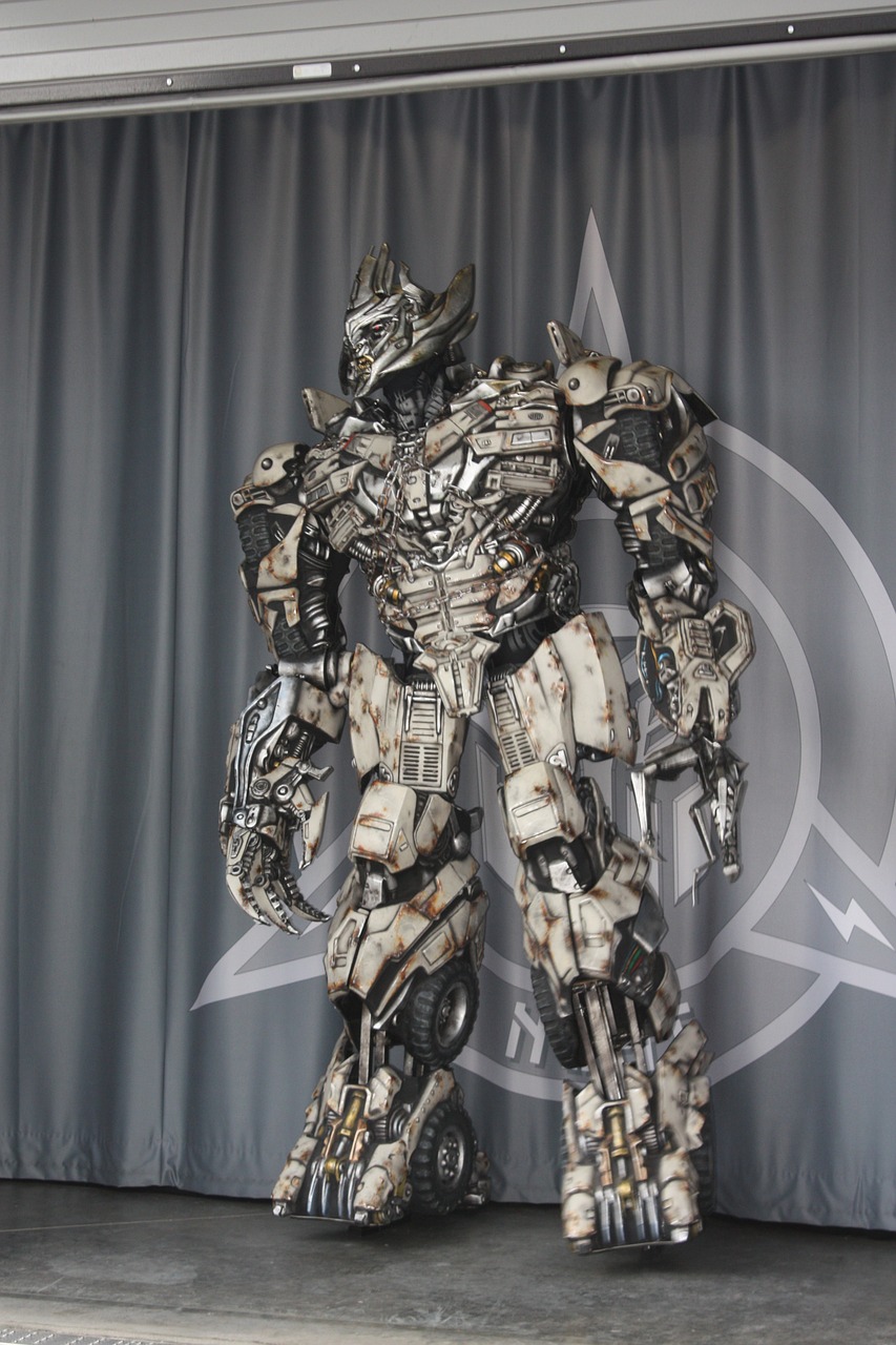 a statue of a giant robot standing in front of a curtain, a statue, new sculpture, weathered ultra detailed, decepticon armor plating, white biomechanicaldetails, made of intricate metal and wood