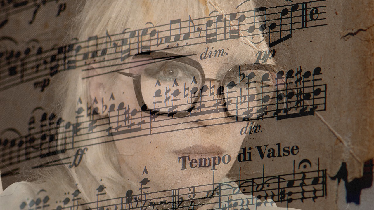 a woman with glasses and a sheet of music, an album cover, inspired by Girolamo Muziano, trending on pixabay, dada, detail face, on vellum, portrait of a blonde woman, memory trapped in eternal time
