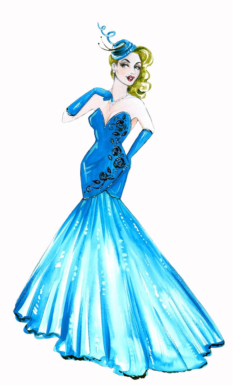 a drawing of a woman in a blue dress, concept art, inspired by Alberto Vargas, conceptual art, princess ariel, costume desig, drag queen, costume with blue accents