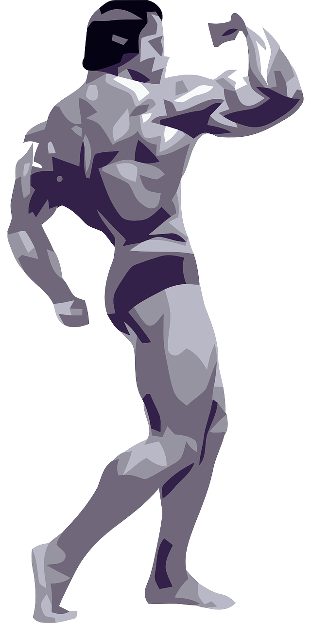 a black and white image of a bodybuilder, vector art, inspired by Alexander Archipenko, pixabay contest winner, cubism, purple body, above side view, gray color, man in dark blue full body suit