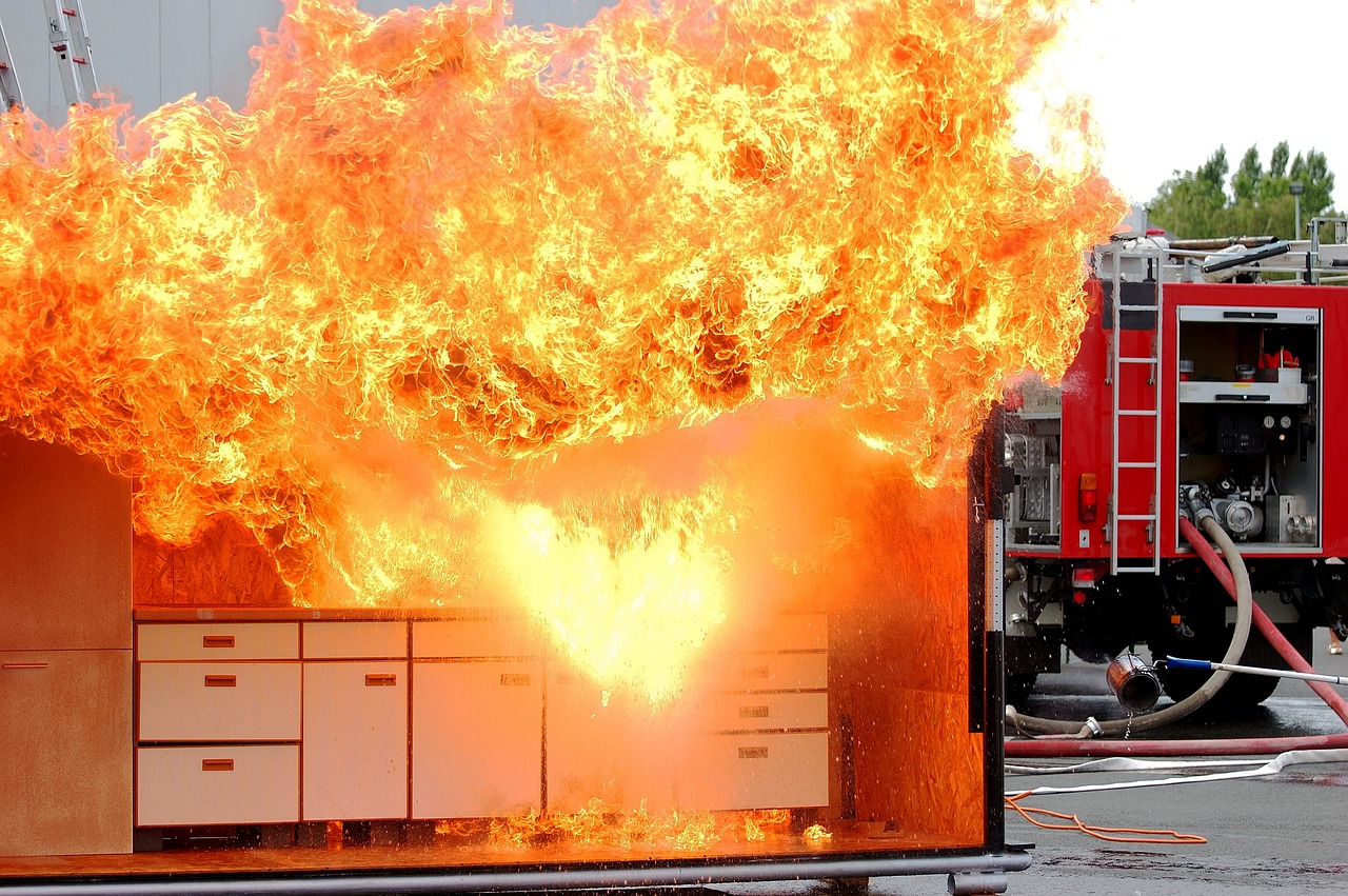 a fire truck that is on fire in the street, a photo, pixabay, the matrix servers on fire, photograph credit: ap, hot fire giantess, ultra realistic ”