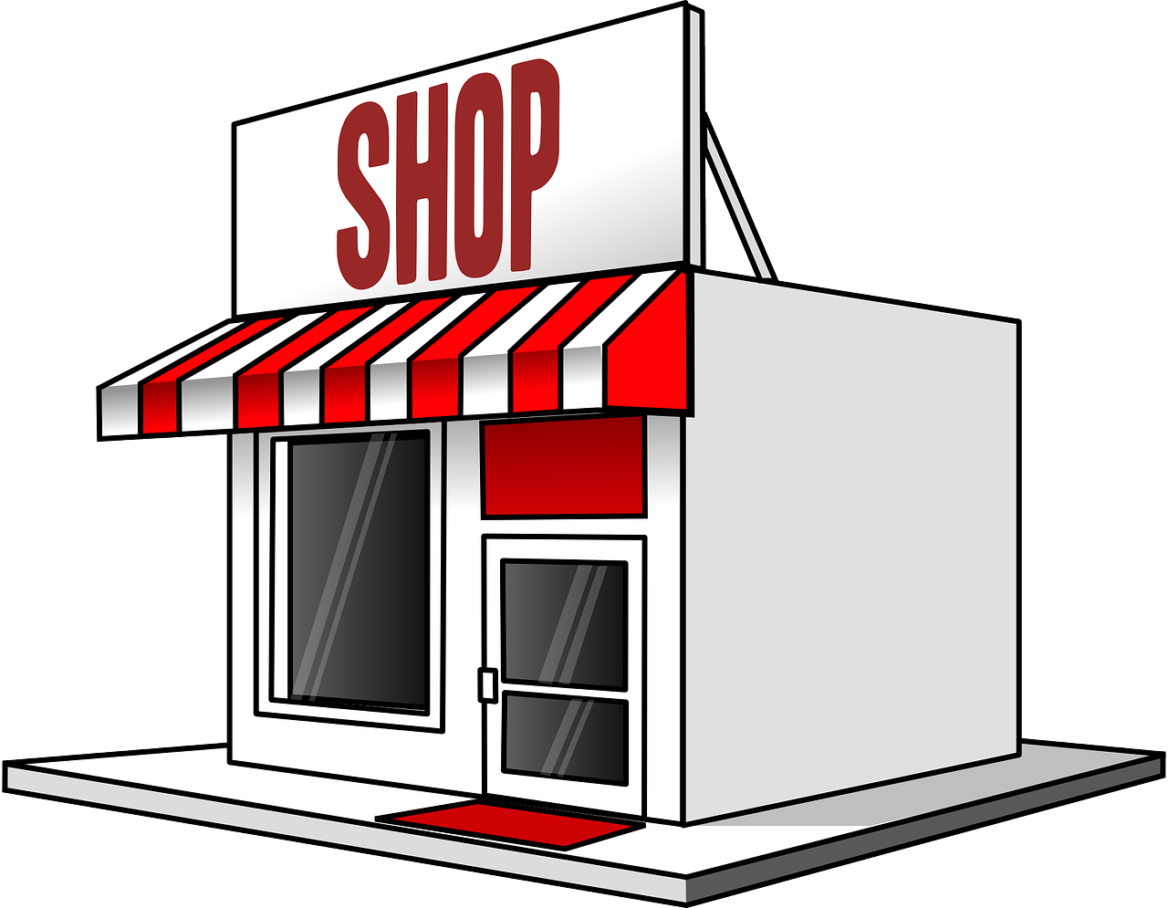 a store with a red and white awning, a digital rendering, pixabay, simple cartoon, marker”, small library, streetwear