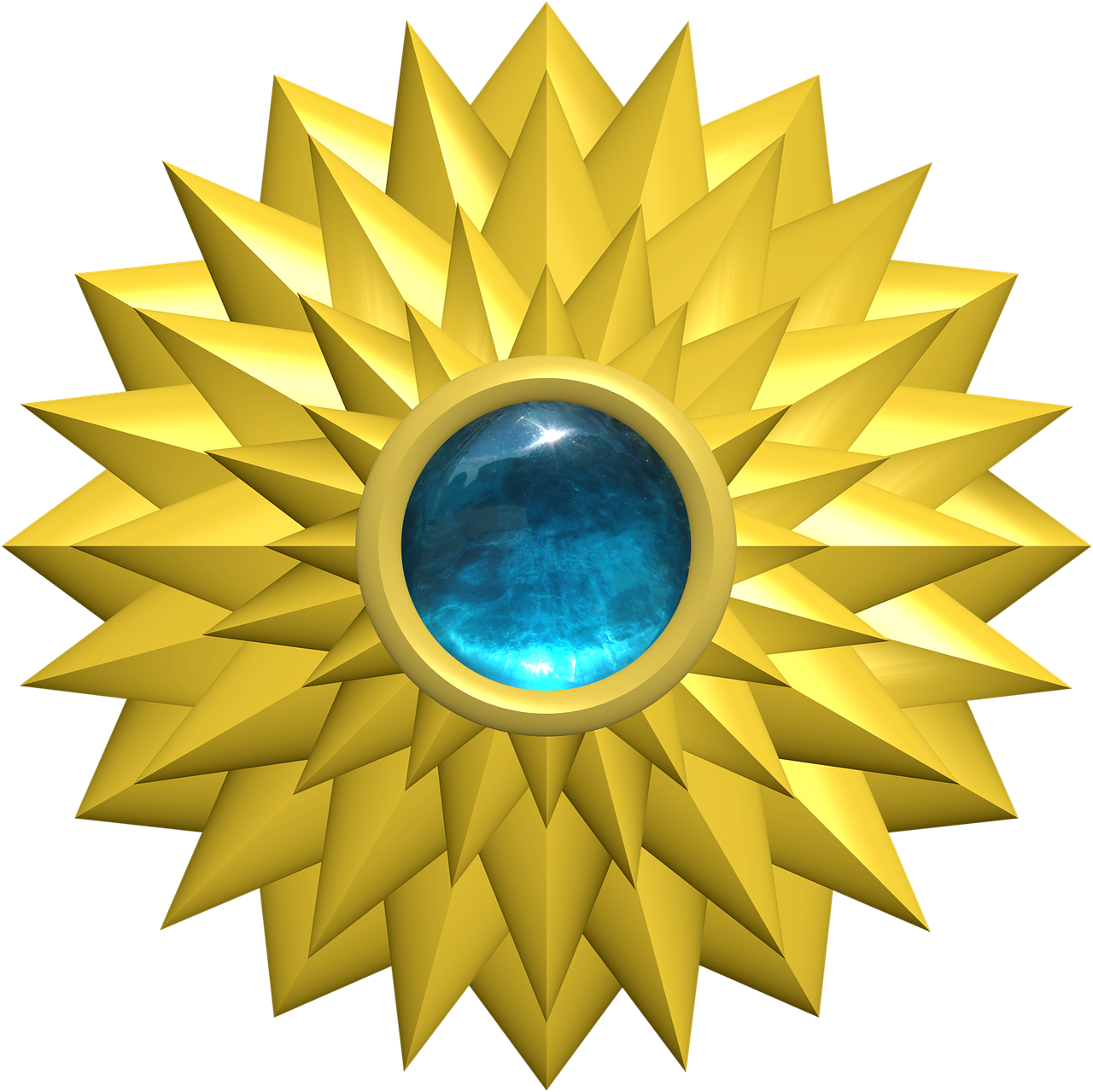 a close up of a sunflower on a black background, a raytraced image, digital art, reliquary, yellow crystal gem, blue and gold color scheme, star roof