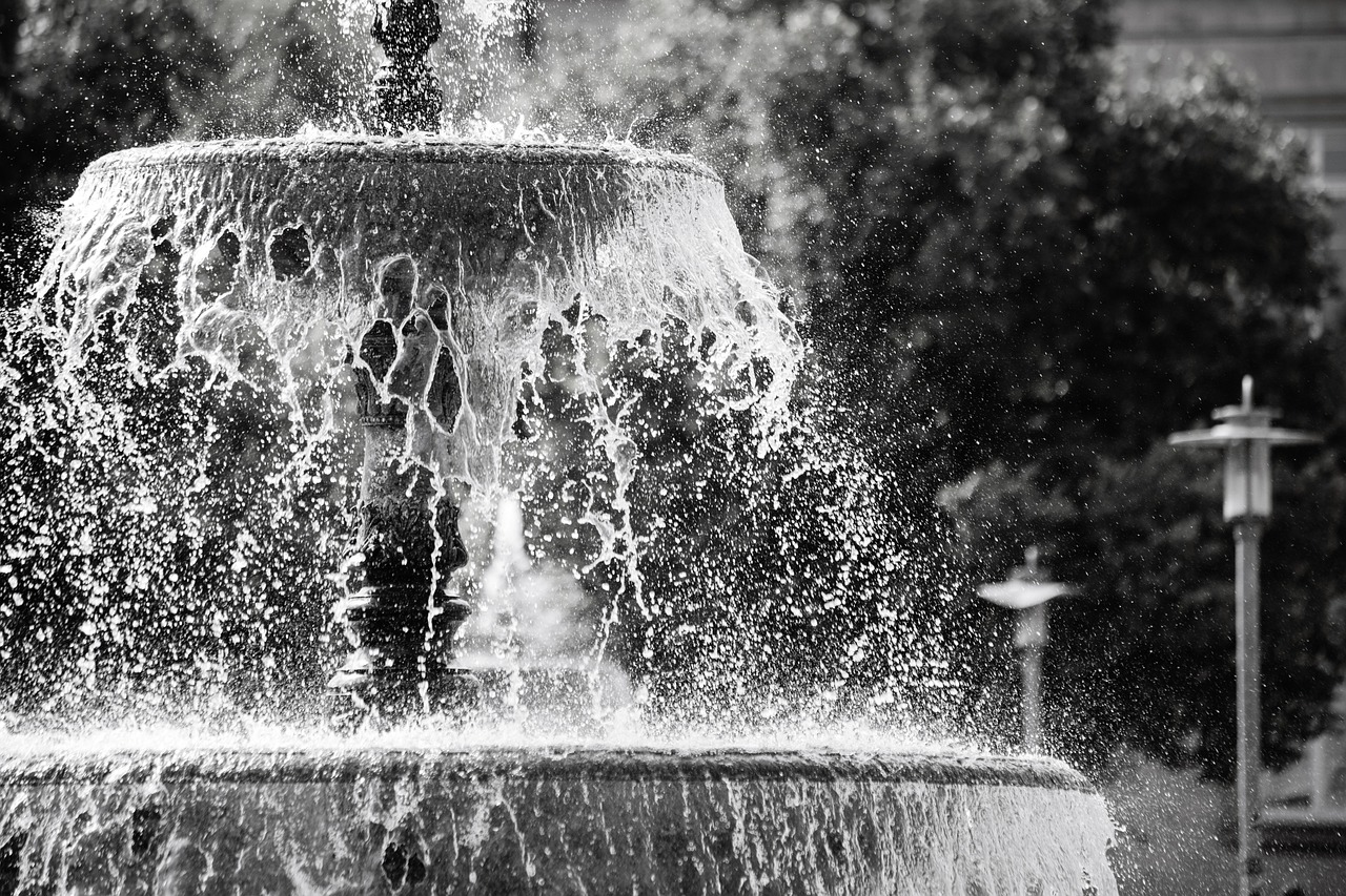 a black and white photo of a water fountain, by Cherryl Fountain, art photography, summer afternoon, water particules, tourist photo, denoised