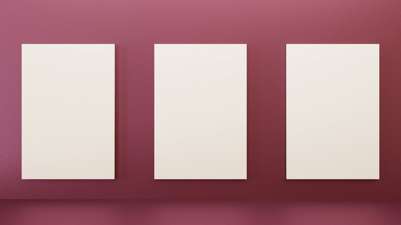 three empty white frames on a pink wall, a minimalist painting, by Jan Kupecký, trending on unsplash, octane cinema 4 d render, decorative panels, maroon and white, vertical orientation