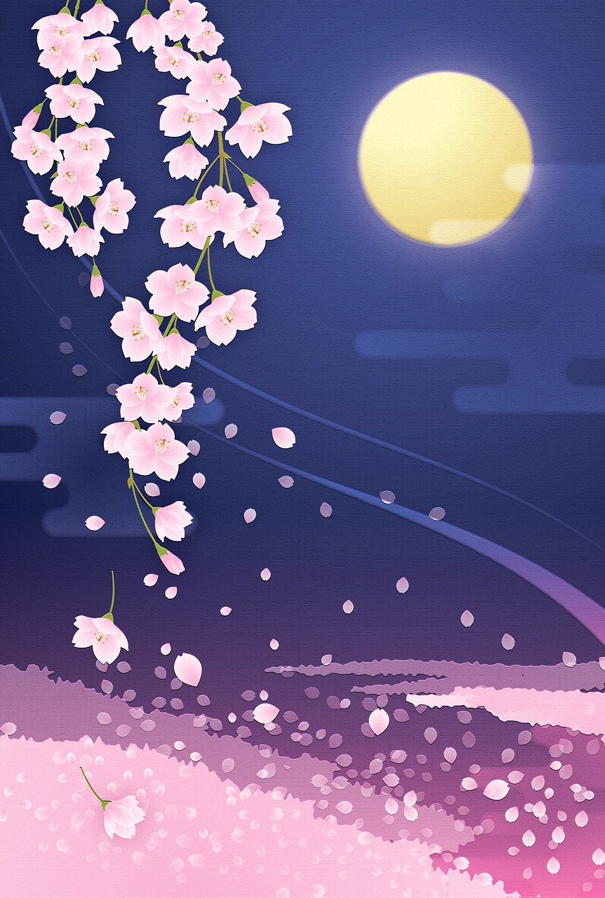 a painting of pink flowers in front of a full moon, a digital painting, inspired by Matsumura Goshun, pixiv, ukiyo-e, background image, summer festival night, falling cherry blossoms pedals, indigo background