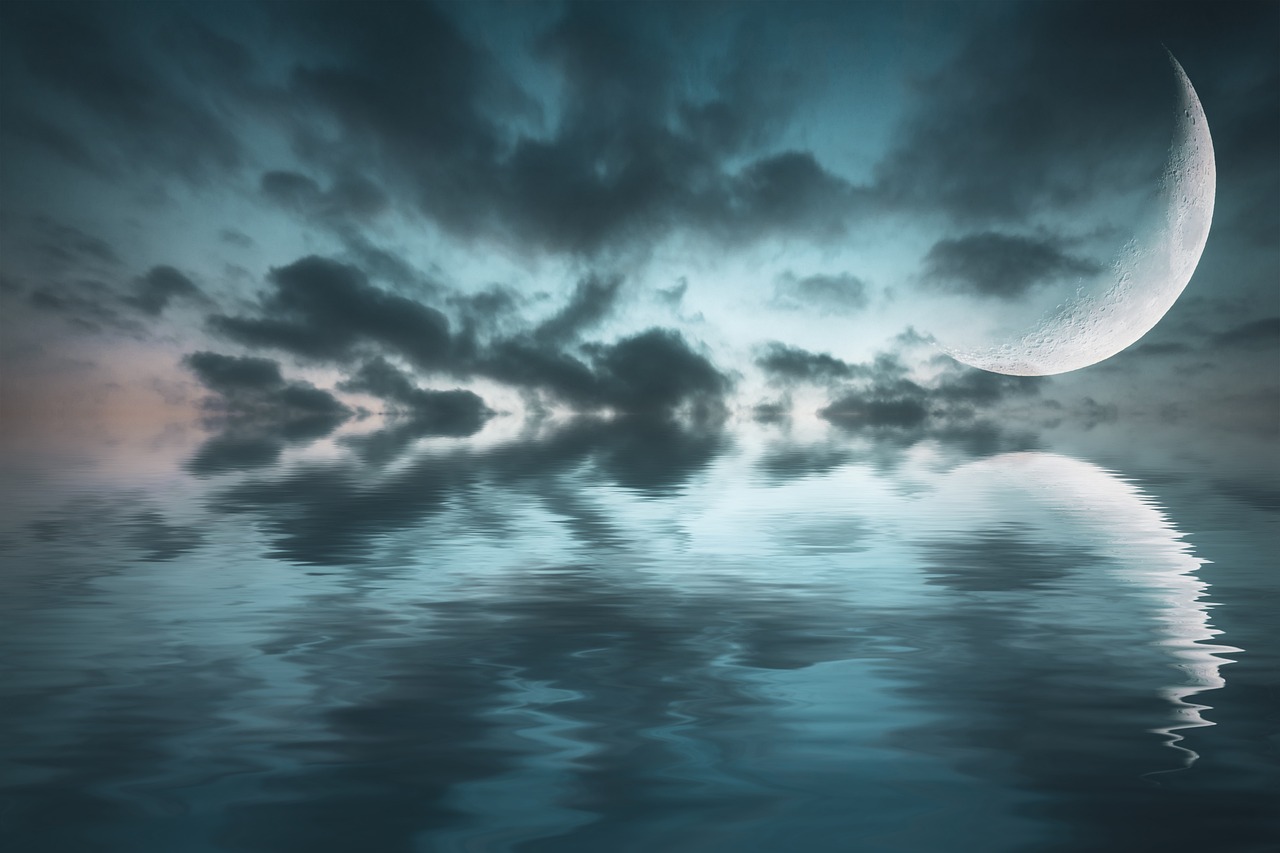the moon and clouds are reflected in the water, a stock photo, by Wolfgang Zelmer, shutterstock, romanticism, blue - turquoise fog in the void, brutal shapes stormy sky, volumetric clouds, moody sunset