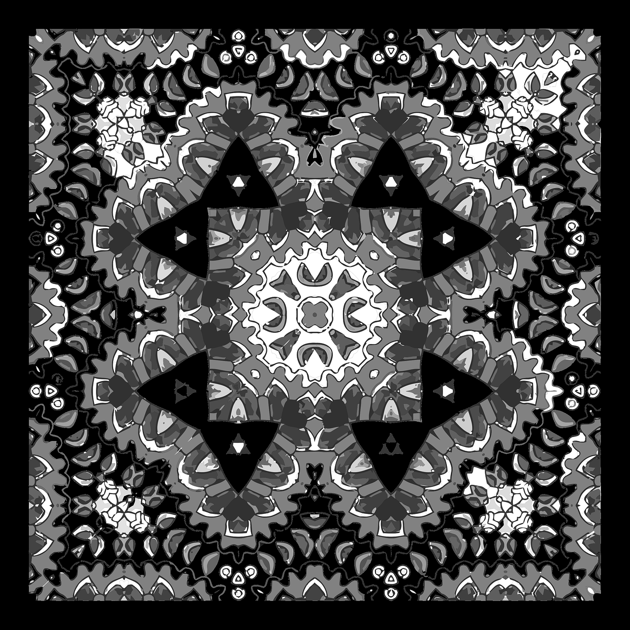 a black and white image of a snowflake, inspired by M.C. Escher, generative art, intricate abstract. gucci style, bordered, moonlit, bandana