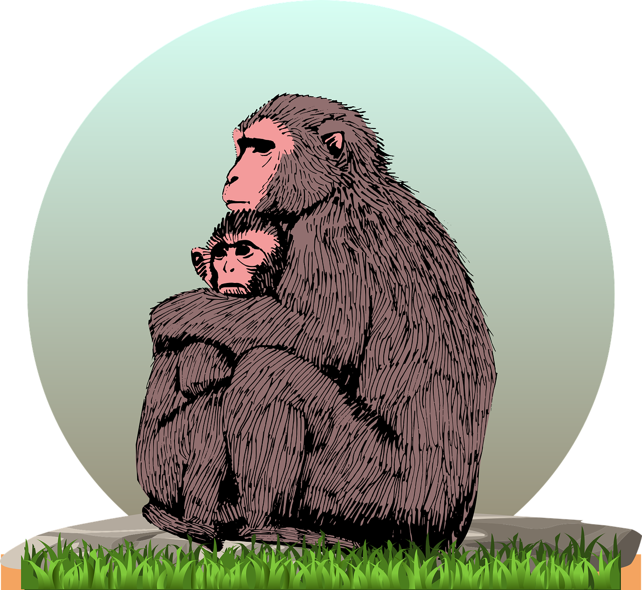 a gorilla sitting on top of a lush green field, an illustration of, optical illusion, adult pair of twins, vignette illustration, full color illustration, looking at the full moon