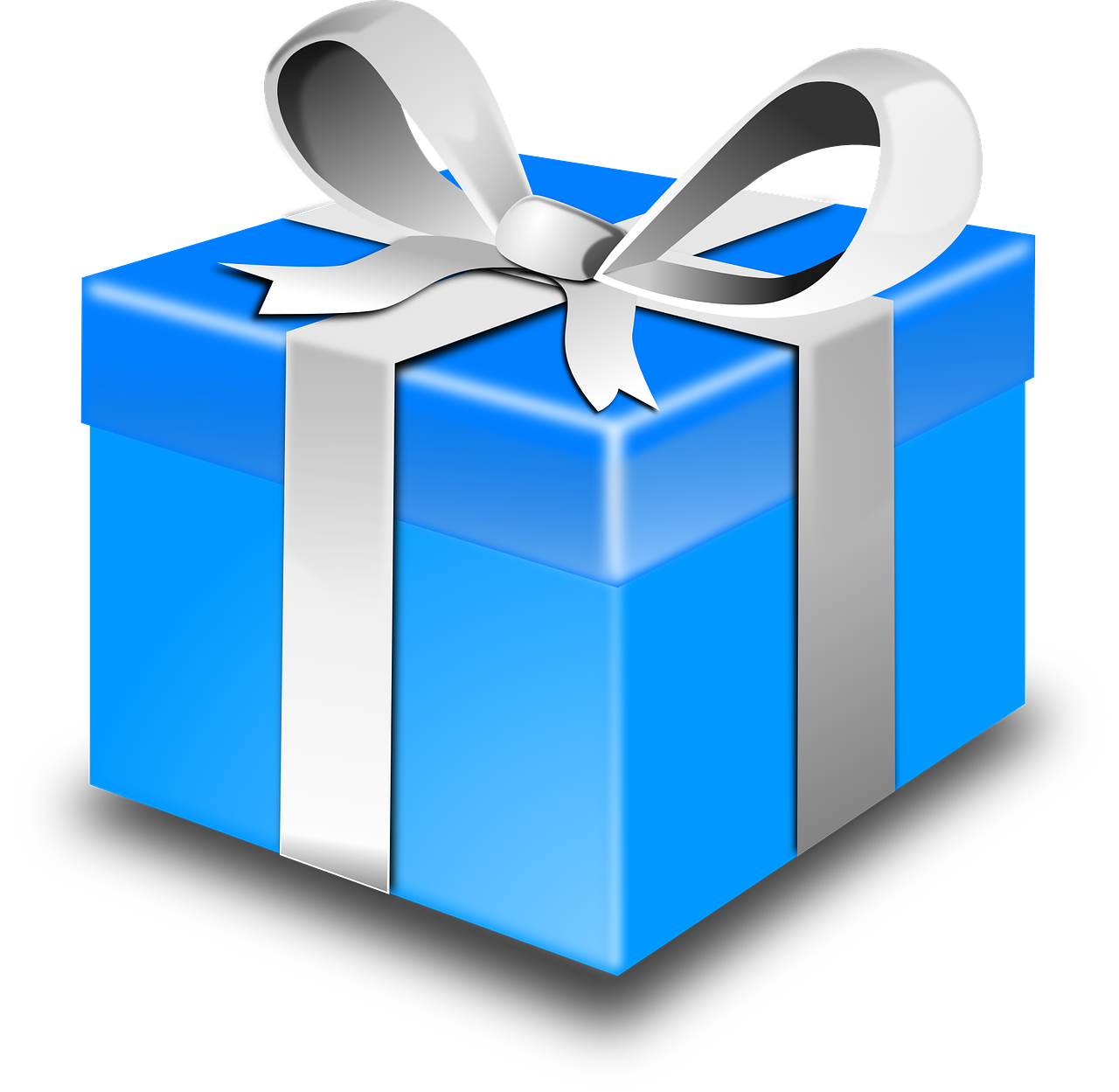 a blue gift box with a silver bow, pixabay contest winner, computer art, blue silver and black, vector, kit, dvd package
